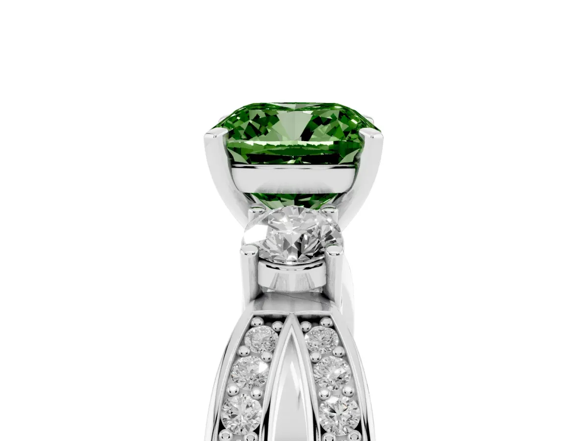 Fancy Green Three-Stone Cushion Cut Cut Diamond Twist Band with Prong Setting Platinum