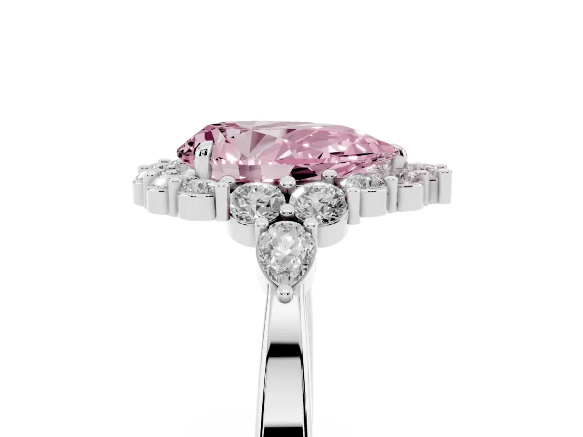 Fancy Pink Pear Cut Diamond Halo Ring with Pear Side Stones and Prong Setting Silver