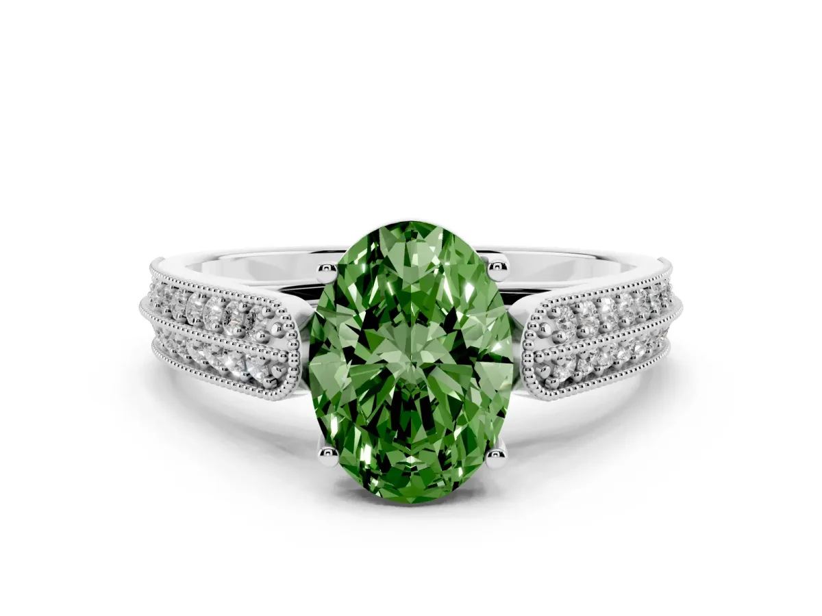 Fancy Green Oval Cut Cut Pave Split Shank Engagement Ring with Four-Prong Setting Silver