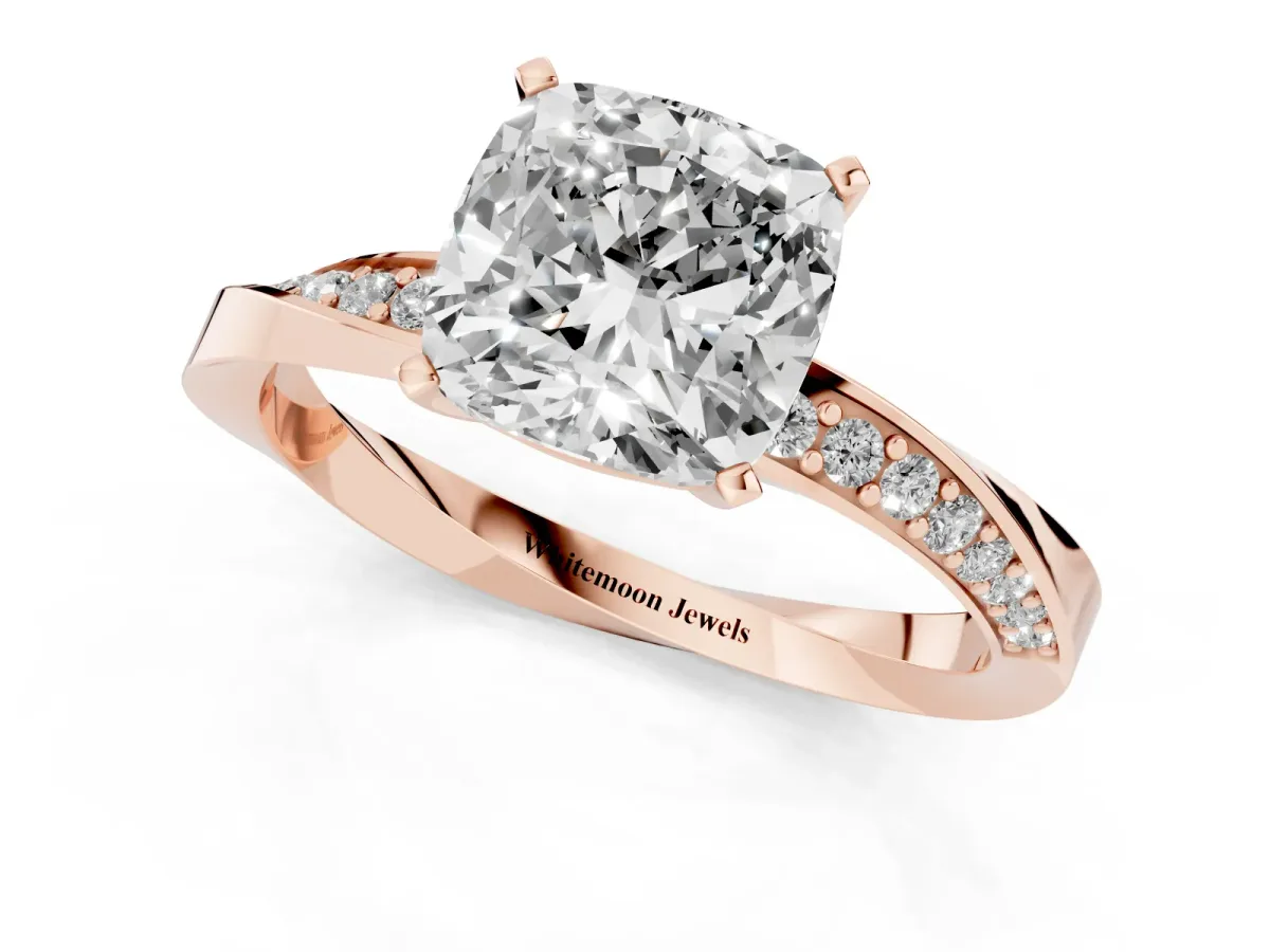 Cushion Cut Diamond Engagement Ring with Side Stone Accents and Four-Prong Setting Rose gold
