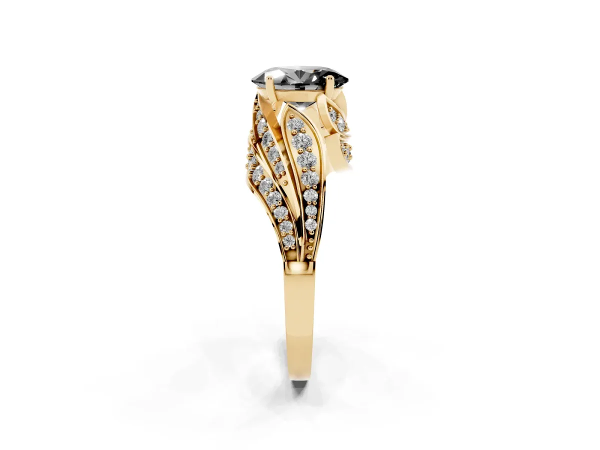 Fancy Black Oval Cut Diamond Solitaire Ring with Prong Setting and Twisted Pavé Band Yellow gold