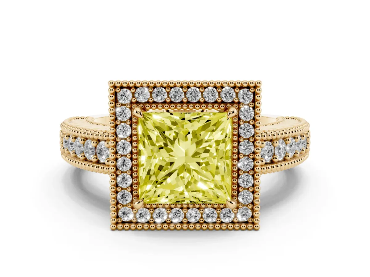 Fancy Yellow Princess Cut Cut Halo Diamond Ring with Pavé Band and Four-Prong Setting Yellow gold