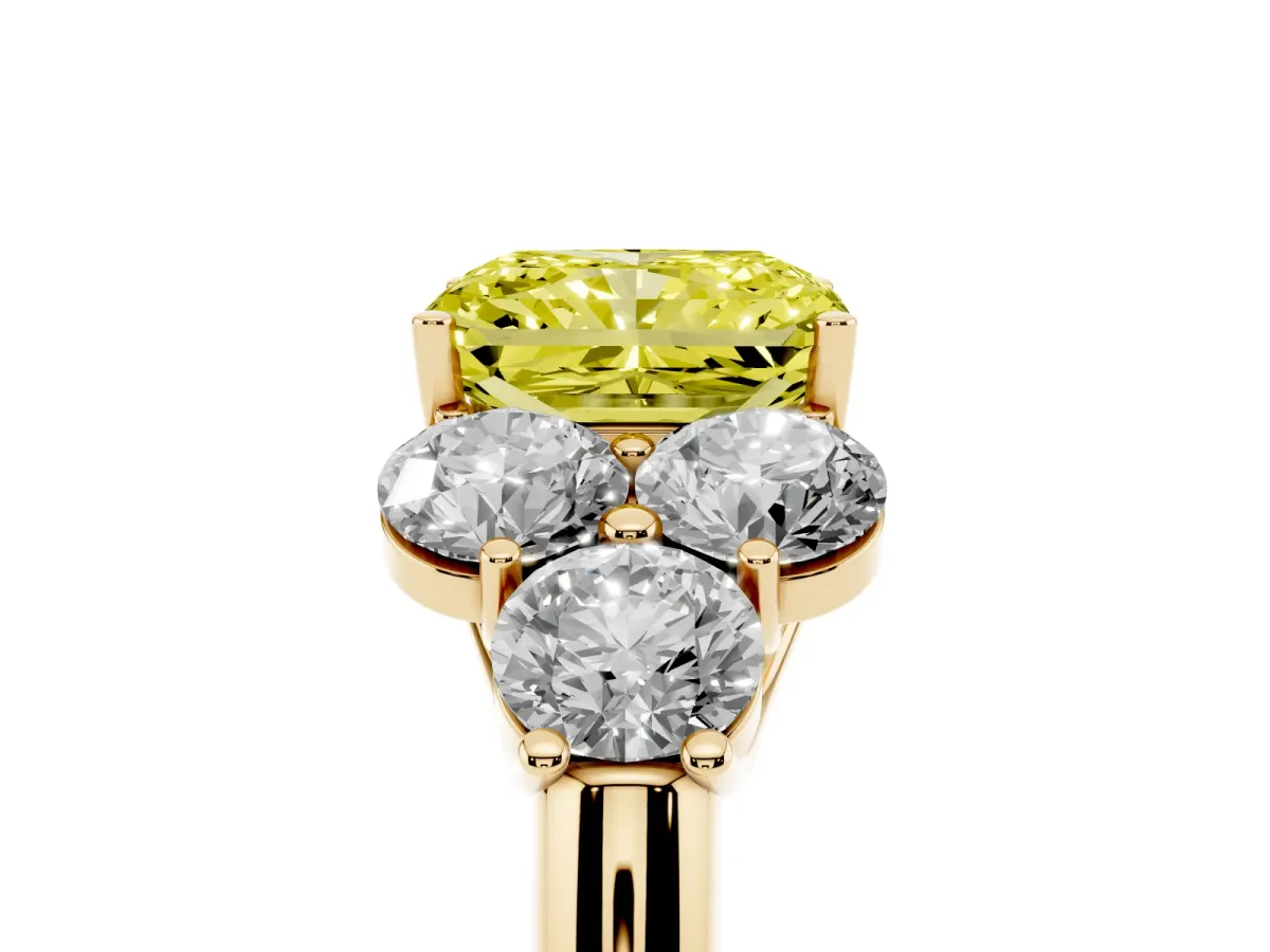 Fancy Yellow Radiant Cut Cut Diamond Cluster Ring with Round Accent Stones and Prong Setting on a Classic Band Yellow gold