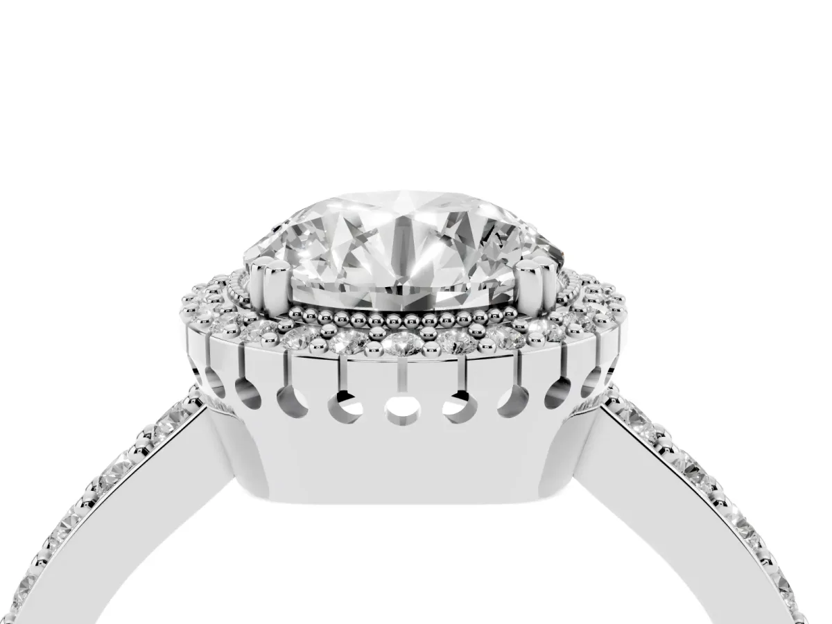 Round Cut Cut Diamond Halo Engagement Ring with Milgrain Detail and Pavé Band Silver
