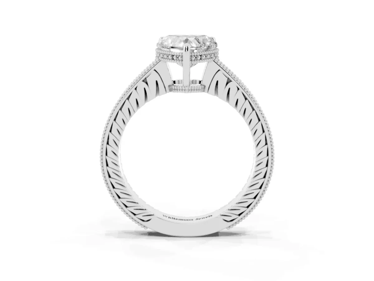Heart Cut Solitaire Pavé Diamond Milgrain Engagement Ring with Four-Prong Setting Silver