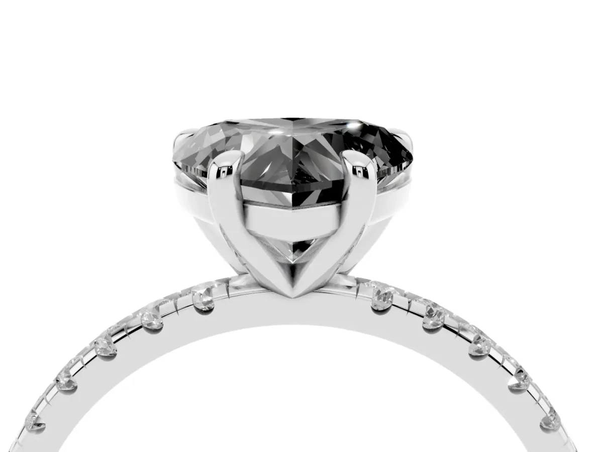 Fancy Black Heart Cut Diamond Brilliant Solitaire Ring with Pavé Band and Four-Prong Setting Silver