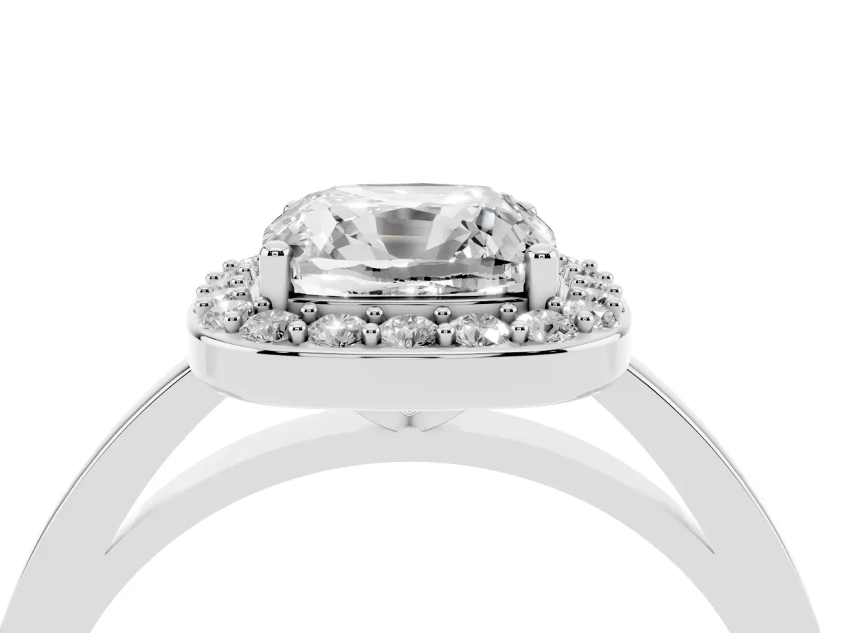 Cushion Cut Halo Diamond Ring with Solitaire Band and Prong Setting Silver