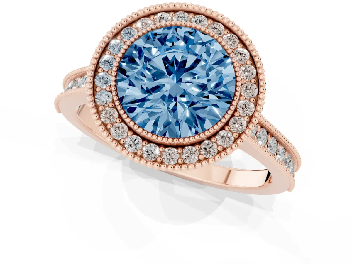 Fancy Blue Halo Round Cut-Cut Diamond Pave Band Milgrain Prong Setting Ring Rose gold
