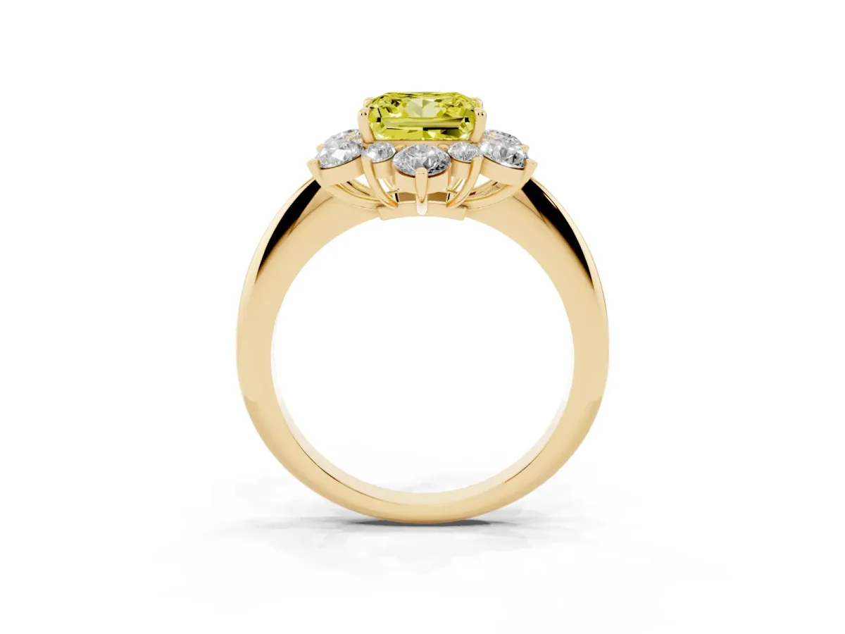 Fancy Yellow Princess Cut Diamond Cluster Halo Ring with Solitaire Band and Four-Prong Setting Yellow gold