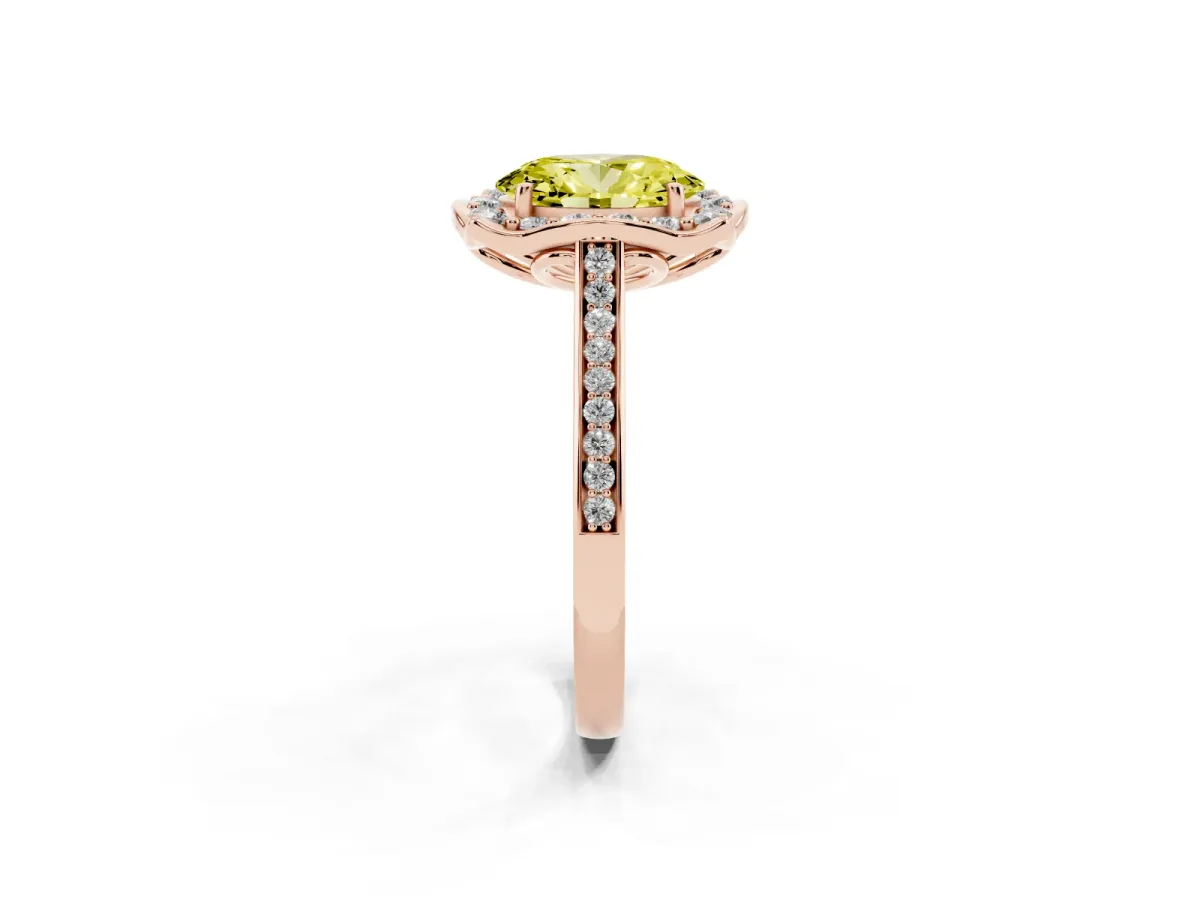 Fancy Yellow Oval Cut Halo Round Diamond Pave Band with Four-Prong Setting Rose gold