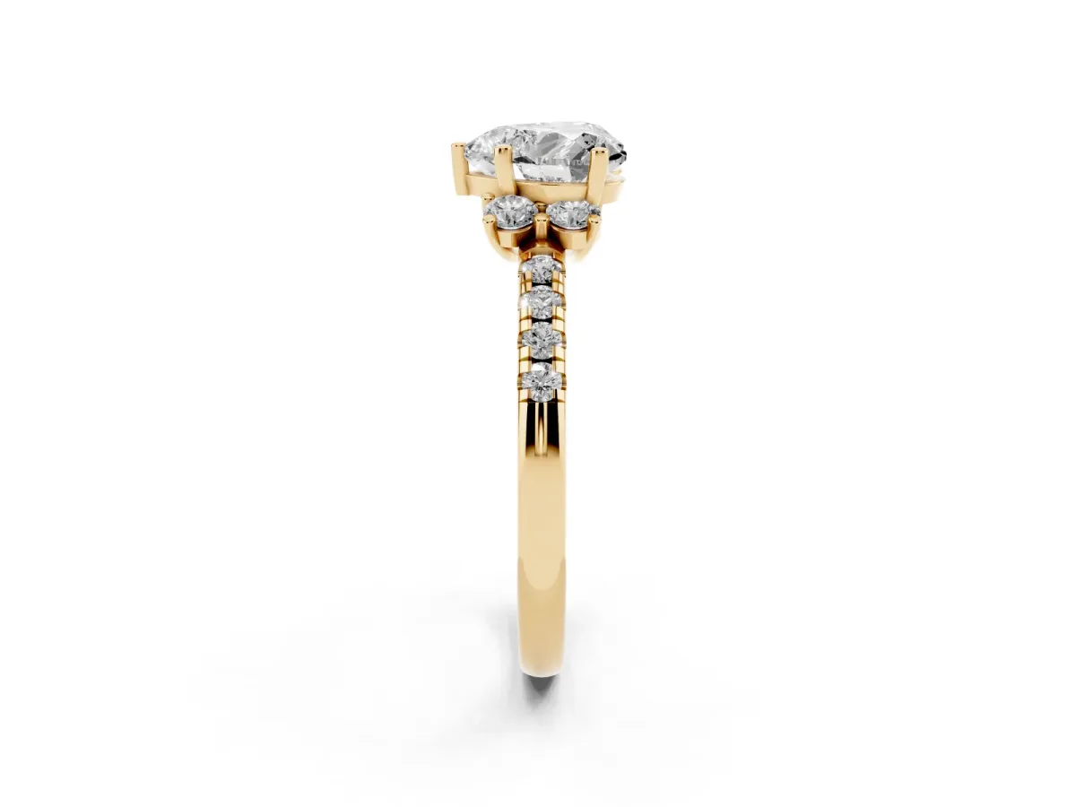 Heart Cut Diamond Three-Stone Pave Band with Four-Prong Setting Yellow gold