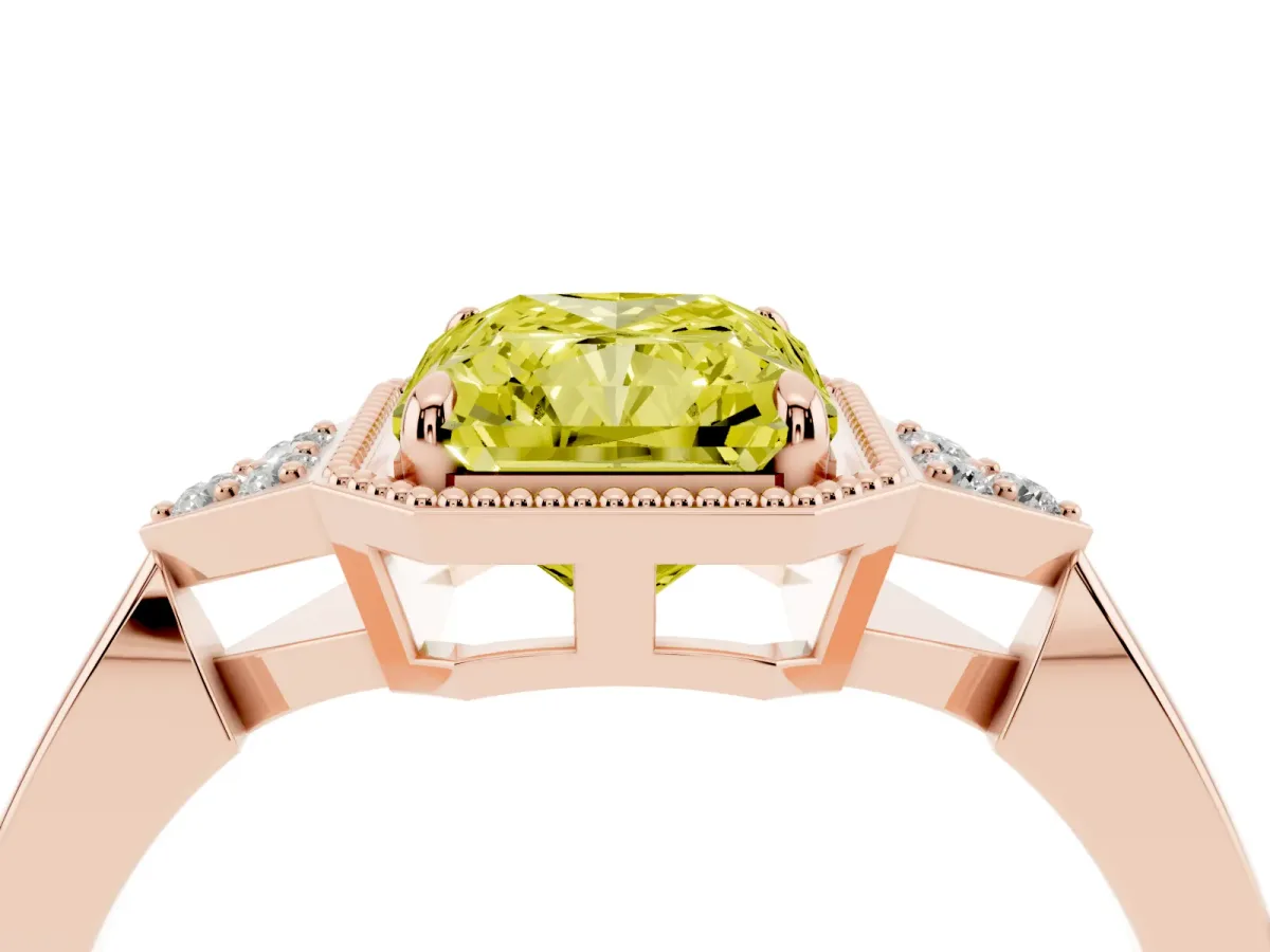 Fancy Yellow Radiant Cut Diamond Halo Ring with Tapered Band and Four-Prong Setting Rose gold