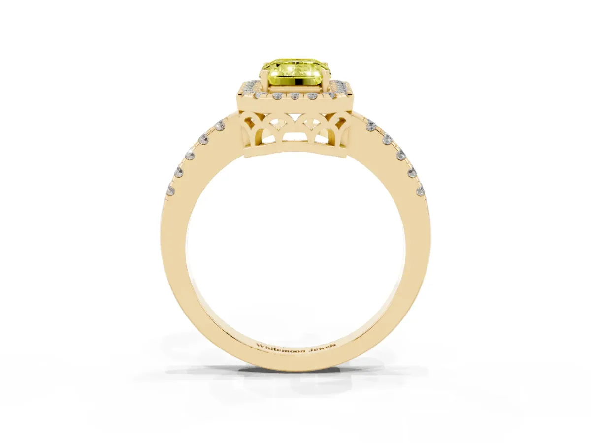 Fancy Yellow Emerald Cut Halo Diamond Engagement Ring with Pavé Band and Four-Prong Setting Yellow gold