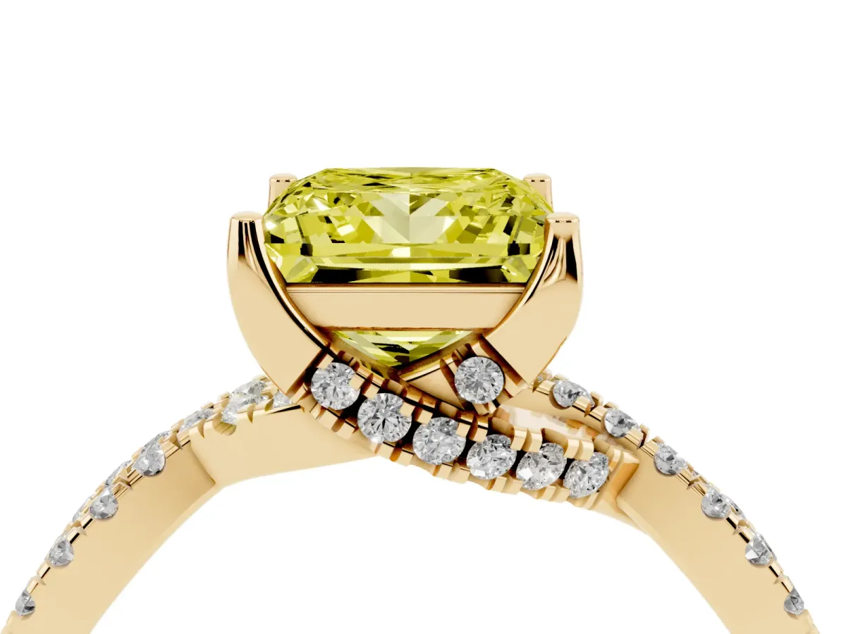 Fancy Yellow Princess Cut Solitaire Twist Pave Diamond Engagement Ring with Prong Setting Yellow gold