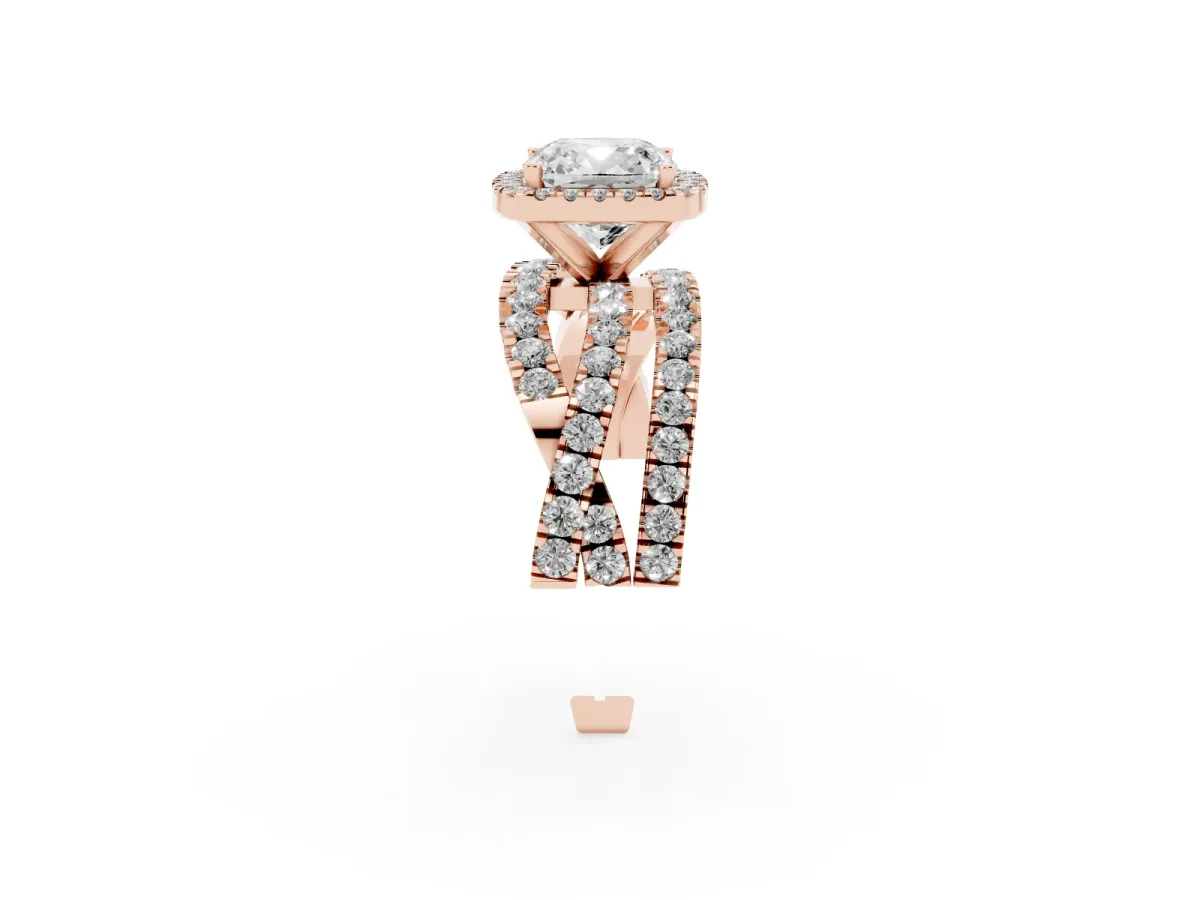 Cushion Cut Diamond Halo Ring with Round Split Shank and Prong Setting Rose gold