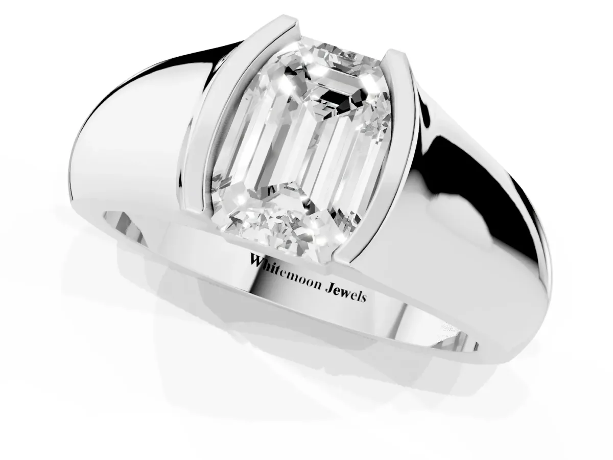 Emerald Cut Solitaire Bezel Set Diamond Ring with Wide Band Silver