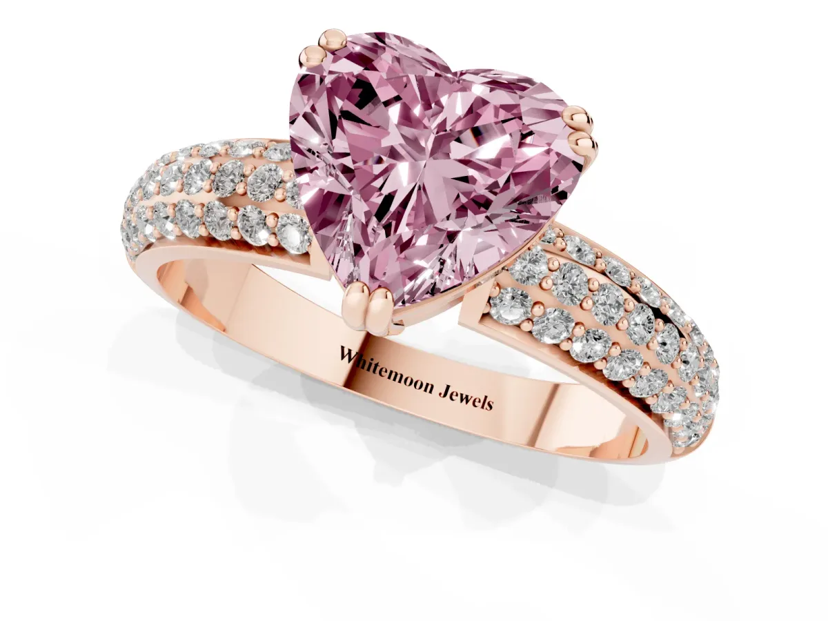 Fancy Pink Heart Cut Diamond Solitaire Ring with Multi-Row Round Pavé Band and Prong Setting Rose gold