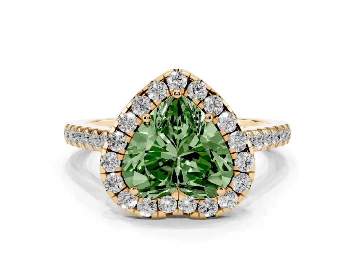 Fancy Green Heart Cut Halo Pave Diamond Engagement Ring with Four-Prong Setting Yellow gold