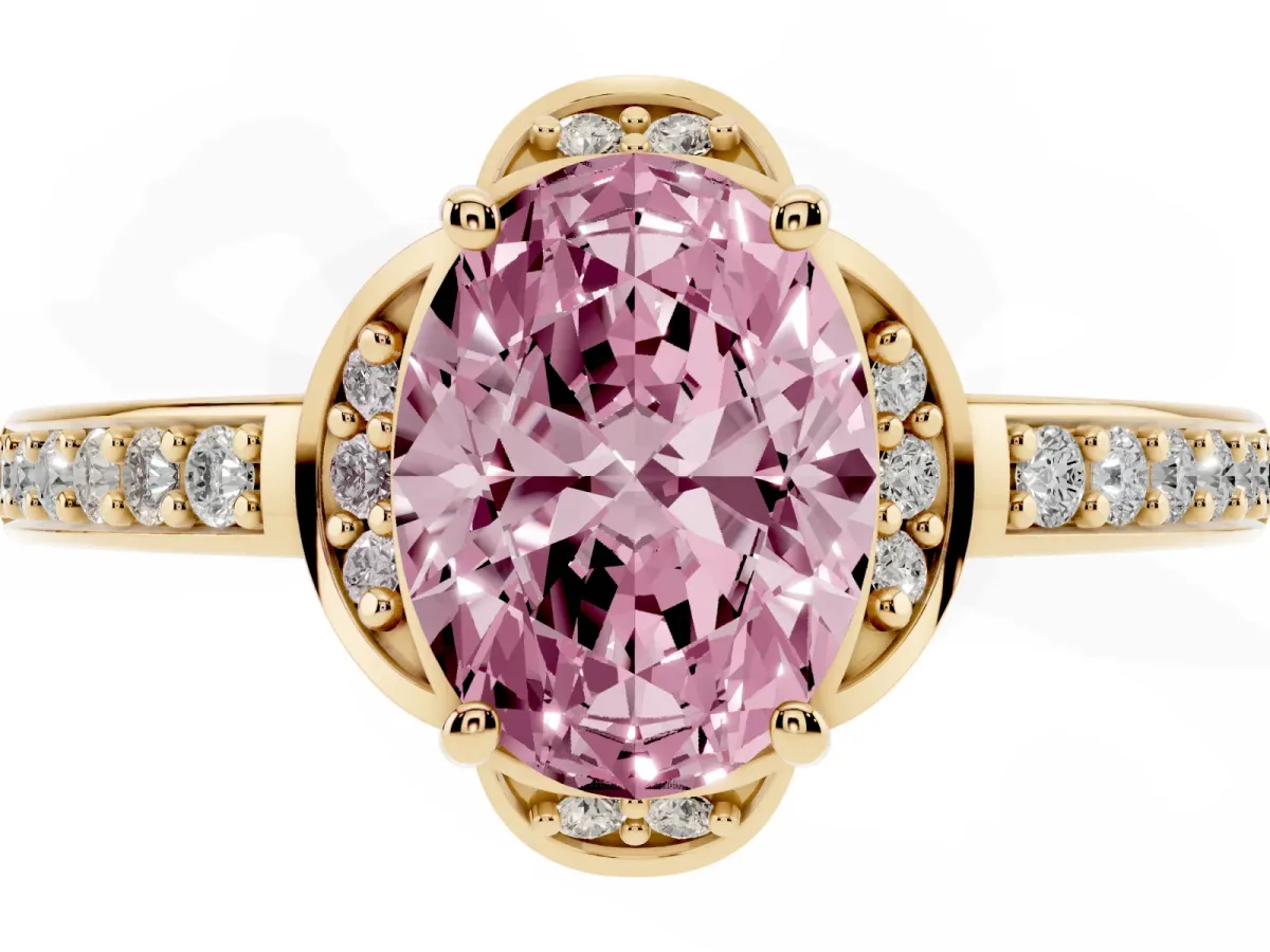 Fancy Pink Oval Cut Cut Halo Diamond Ring with Channel Set Band and Four-Prong Setting Yellow gold