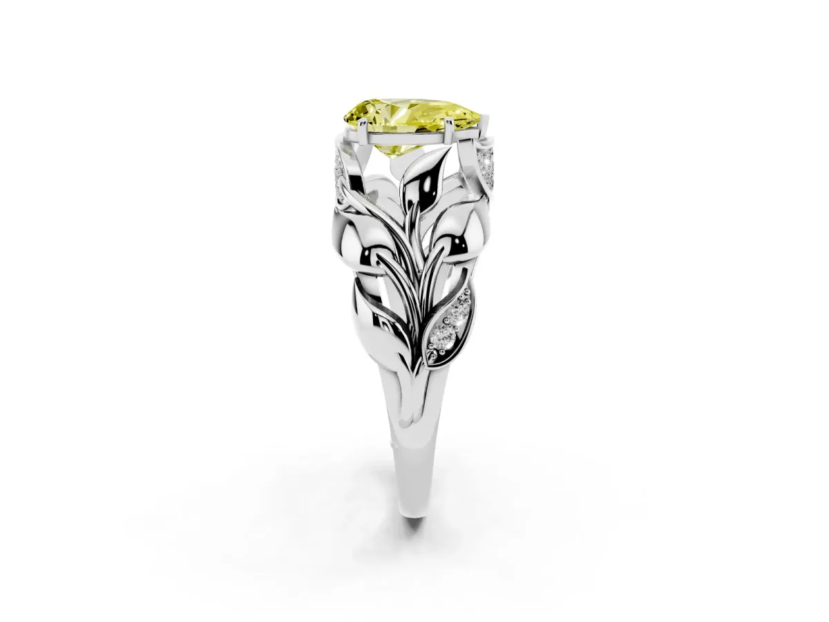Fancy Yellow Pear Cut Diamond Leaf-Inspired Engagement Ring with Round Accents and Prong Setting Silver