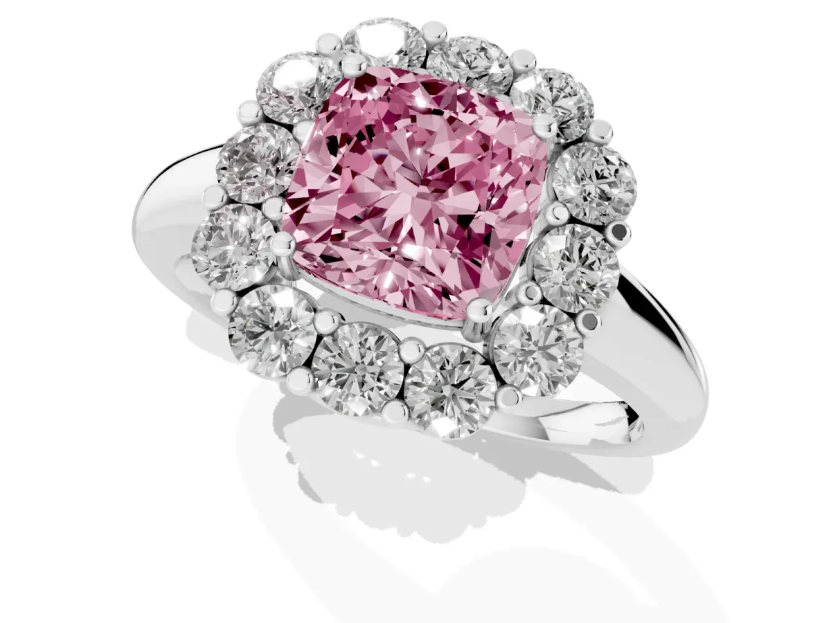 Fancy Pink Cushion Cut Halo Cluster Diamond Engagement Ring with Prong Setting and Polished Band Platinum