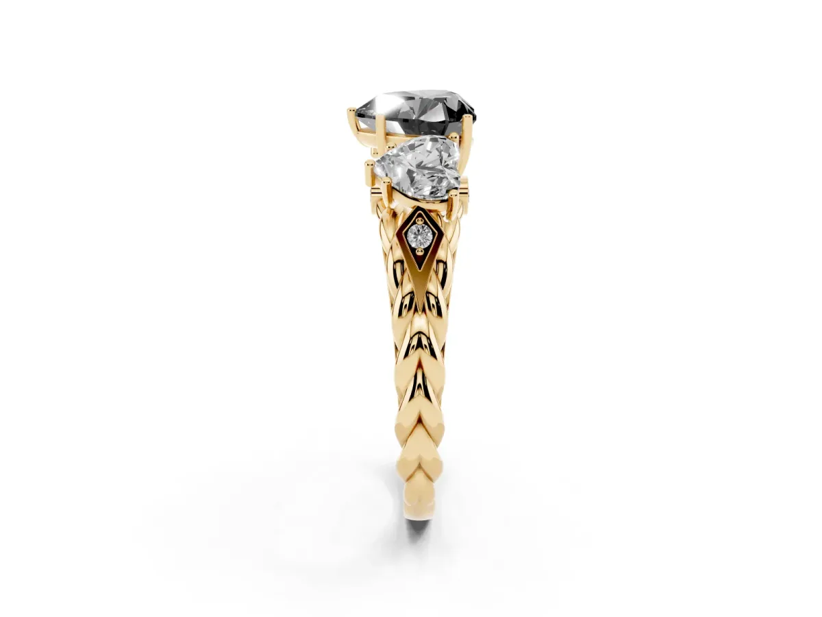 Fancy Black Three-Stone Heart Cut Diamond Braided Band Ring with Four-Prong Setting Yellow gold