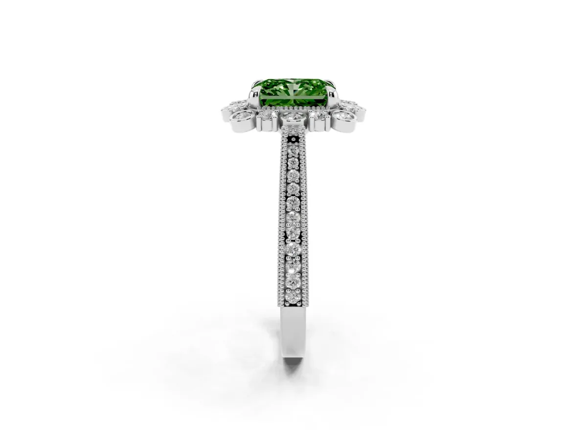 Fancy Green Radiant Cut Halo Milgrain Pave Diamond Ring with Four-Prong Setting Silver