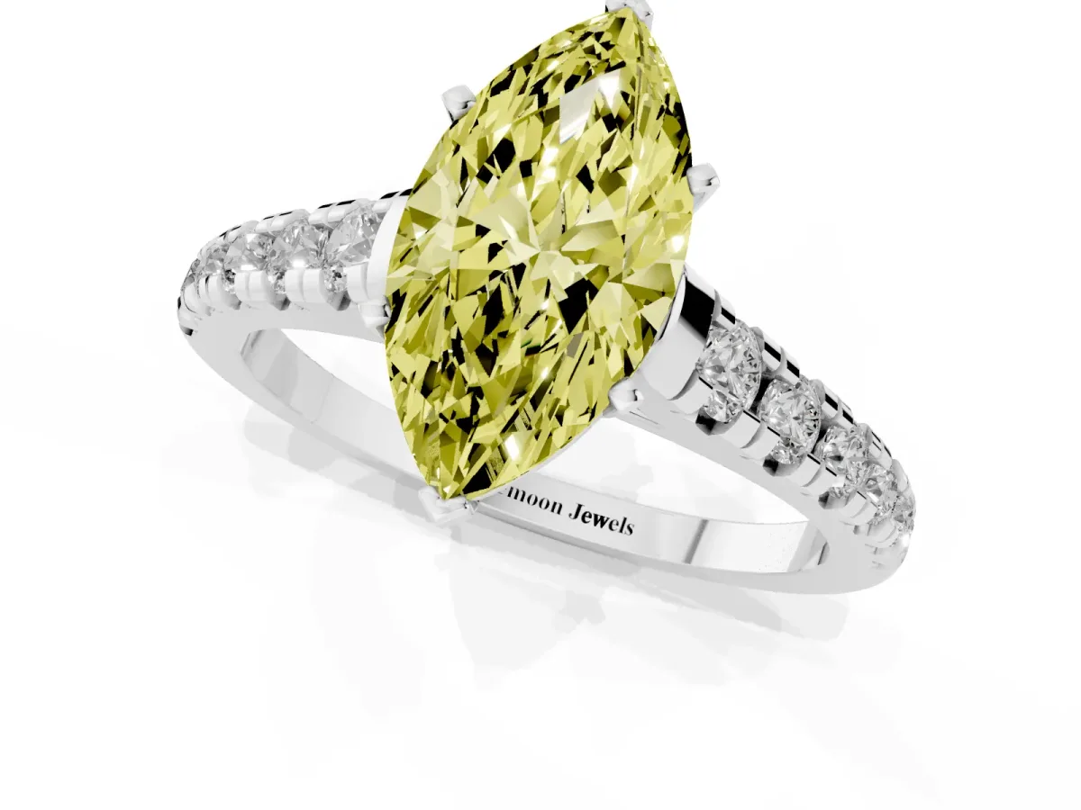 Fancy Yellow Marquise Cut Diamond Cathedral Solitaire Ring with Round Pavé Band Silver
