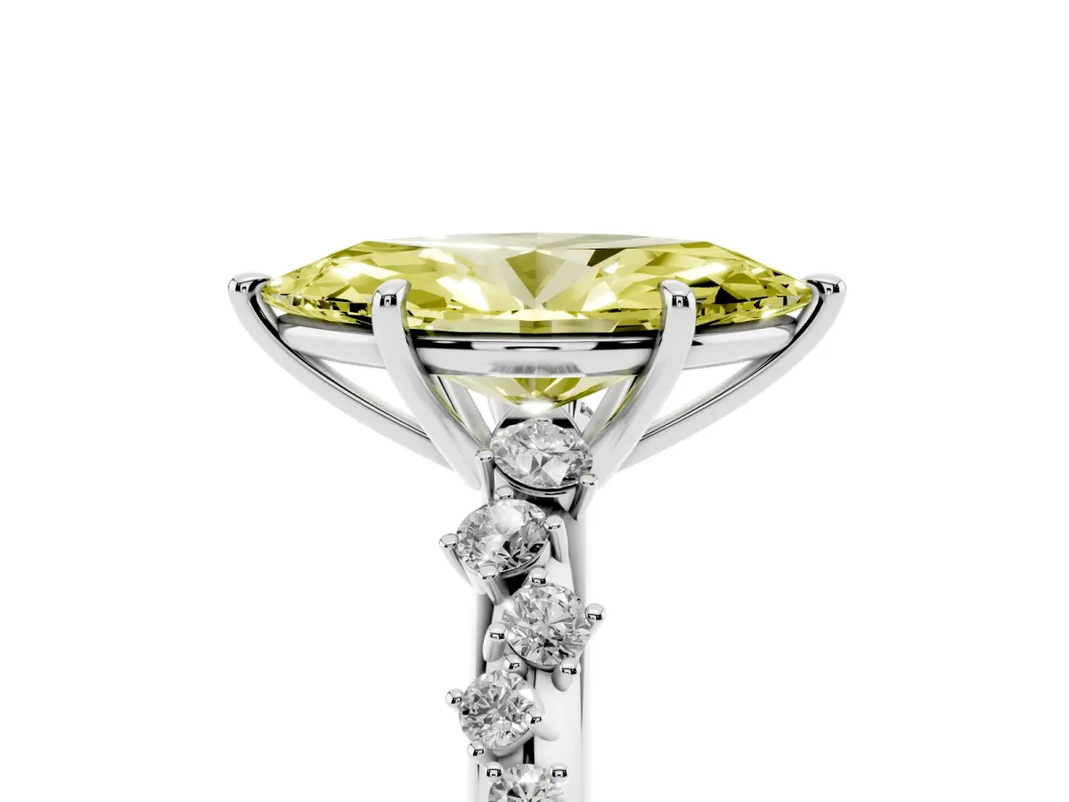 Fancy Yellow Marquise Cut Diamond Cluster Side Stone Solitaire Ring with Prong Setting Platinum