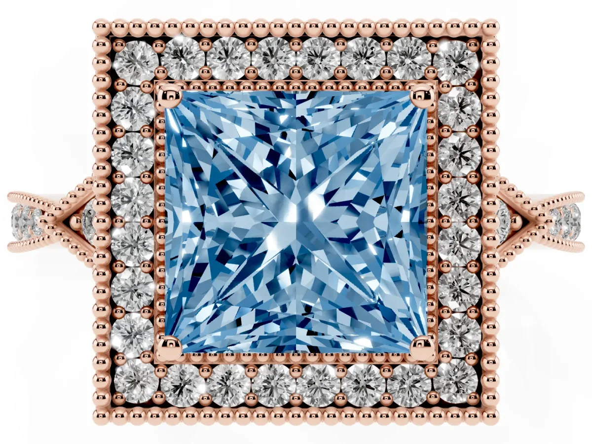 Fancy Blue Princess Cut Halo Round Diamond Milgrain Pave Engagement Ring Rose gold