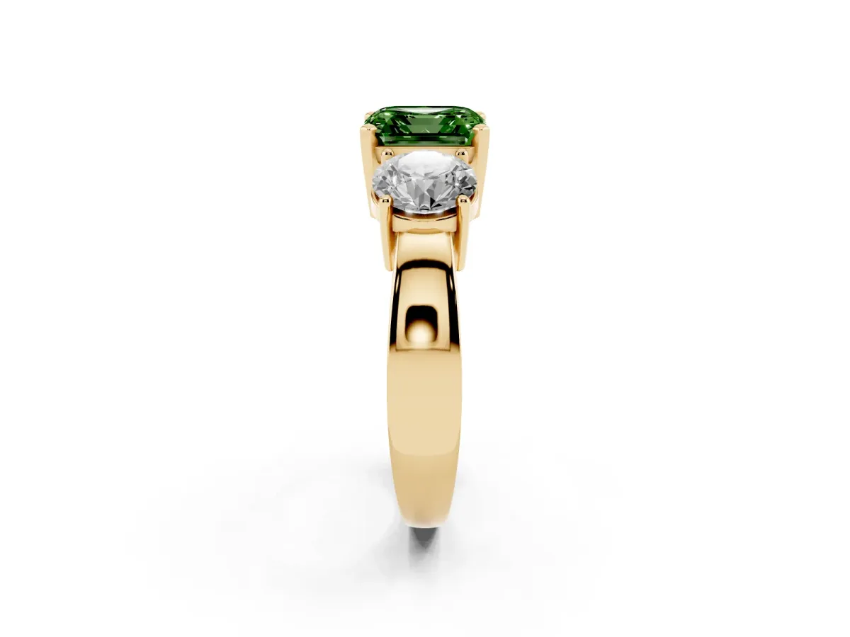 Fancy Green Three-Stone Asscher Cut Diamond Ring with Round Side Stones, Classic Band, and Four-Prong Setting Yellow gold