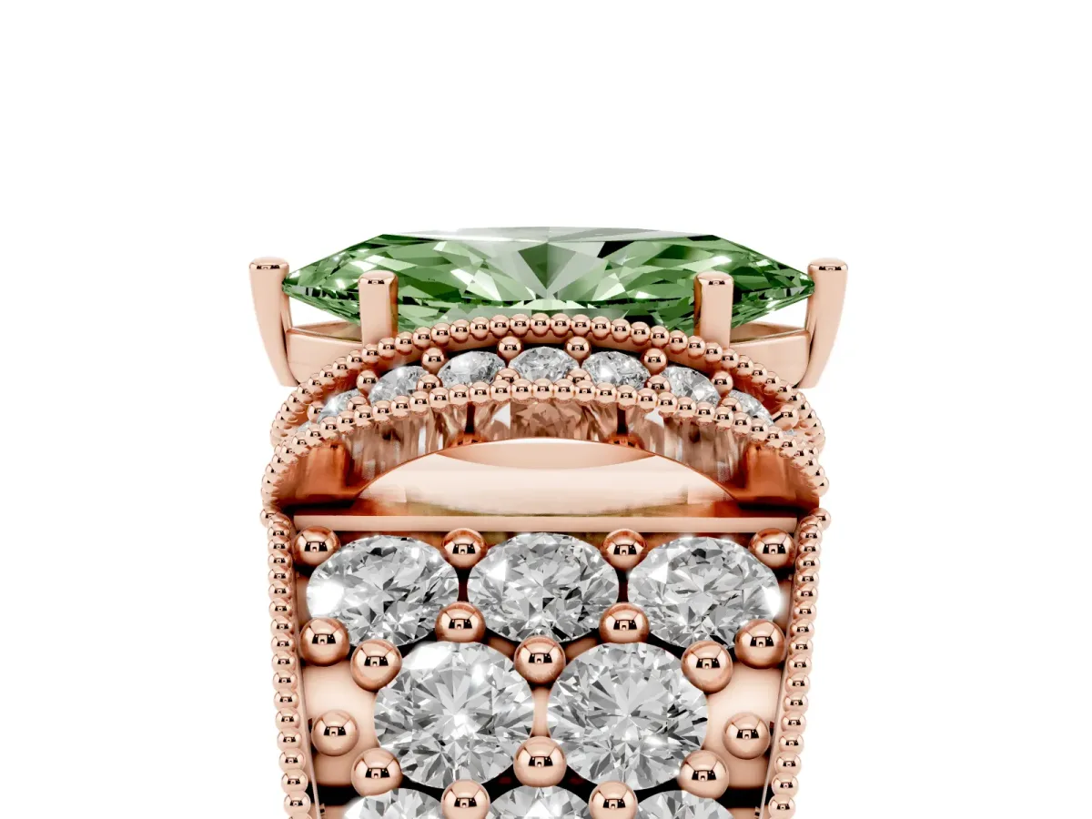 Fancy Green Marquise Cut Halo Pave Diamond Engagement Ring with Milgrain Detailing Rose gold