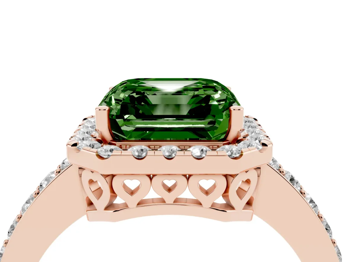 Fancy Green Asscher Cut Halo Diamond Pavé Band Ring with Prong Setting Rose gold