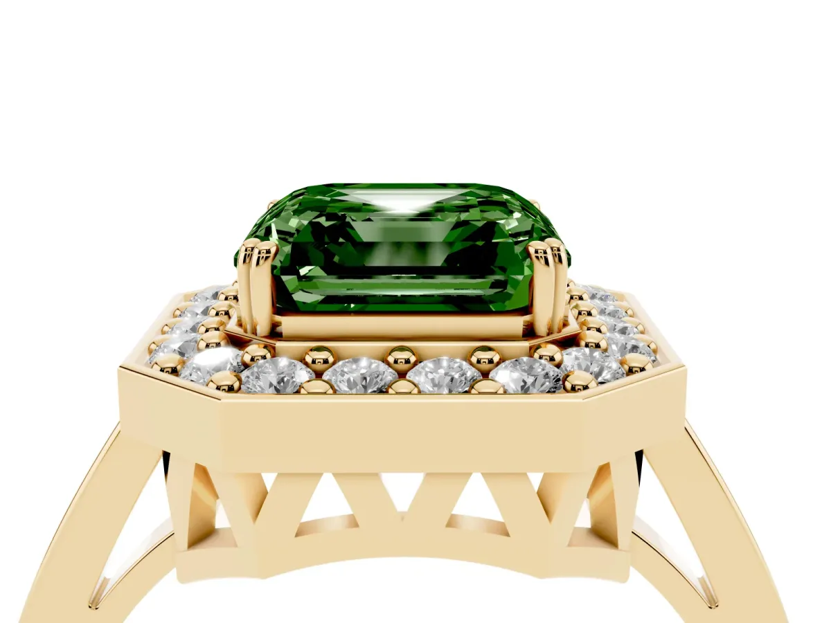 Fancy Green Asscher Cut Diamond Halo Ring with Split Shank and Four-Prong Setting Yellow gold