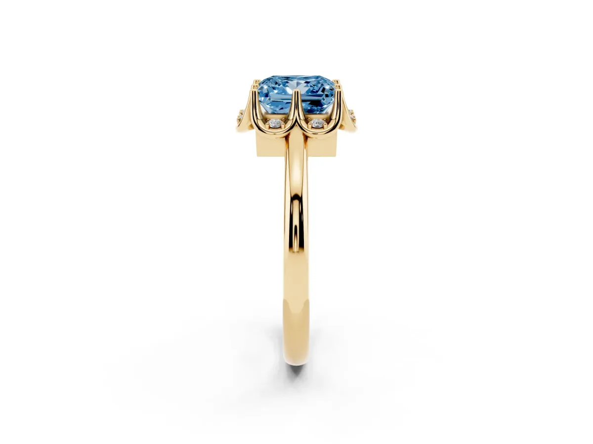Fancy Blue Princess Cut Halo Diamond Ring with Round Cluster Setting, Solitaire Band, and Four-Prong Setting Yellow gold