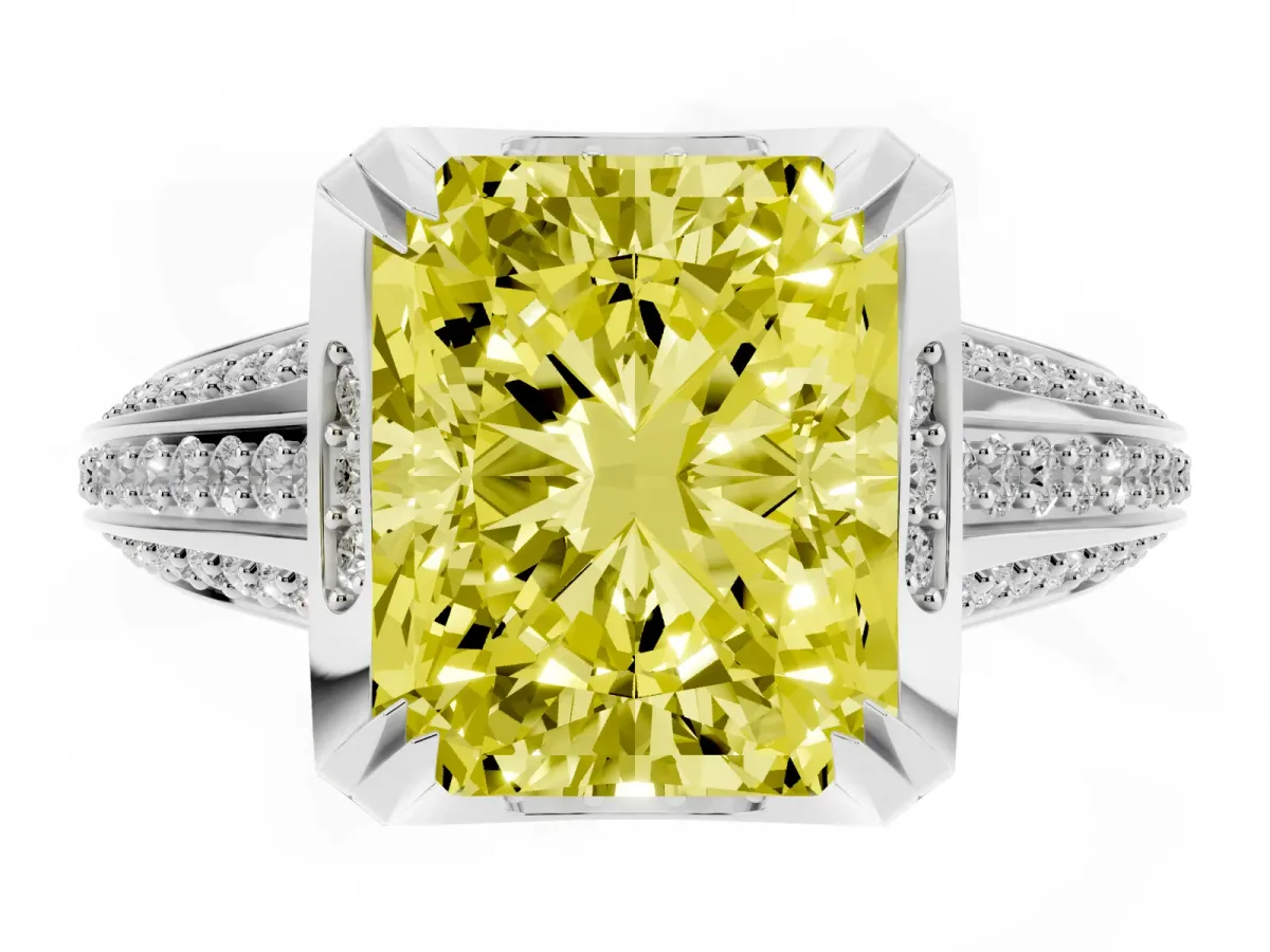 Fancy Yellow Radiant Cut Solitaire Pave Split Shank Ring with Four-Prong Setting Silver