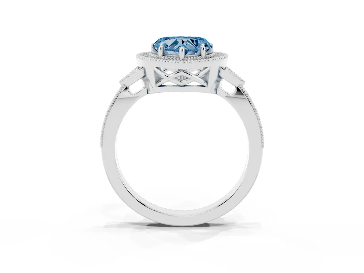 Fancy Blue Heart Cut Halo Round Diamond Milgrain Pave Engagement Ring White gold