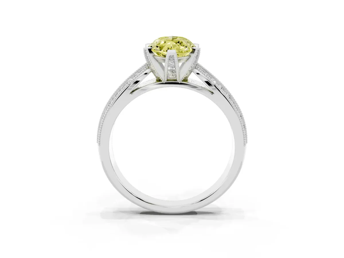 Fancy Yellow Marquise Cut Diamond Solitaire Ring with Milgrain Round Pavé Band and Prong Setting Silver