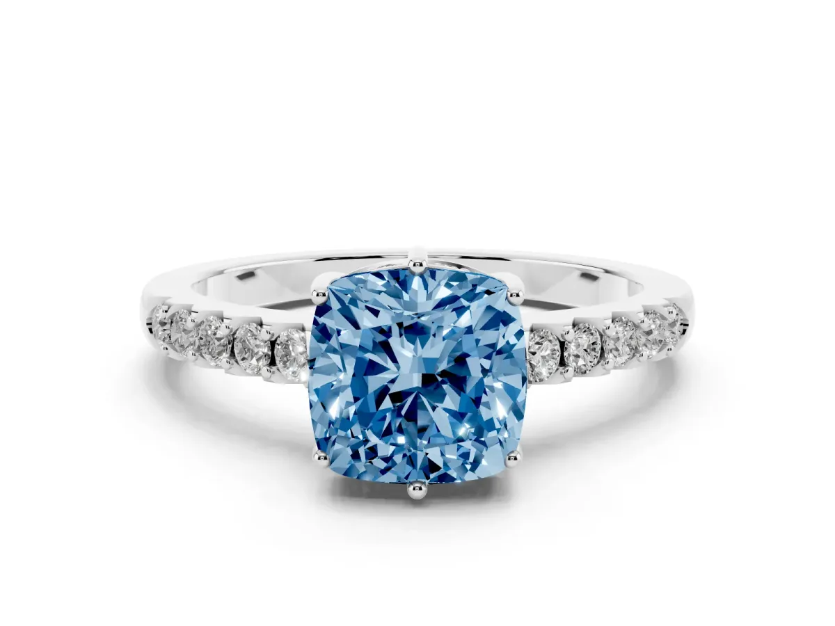Fancy Blue Cushion Cut Solitaire Diamond Engagement Ring with Pavé Band and Six-Prong Setting Platinum