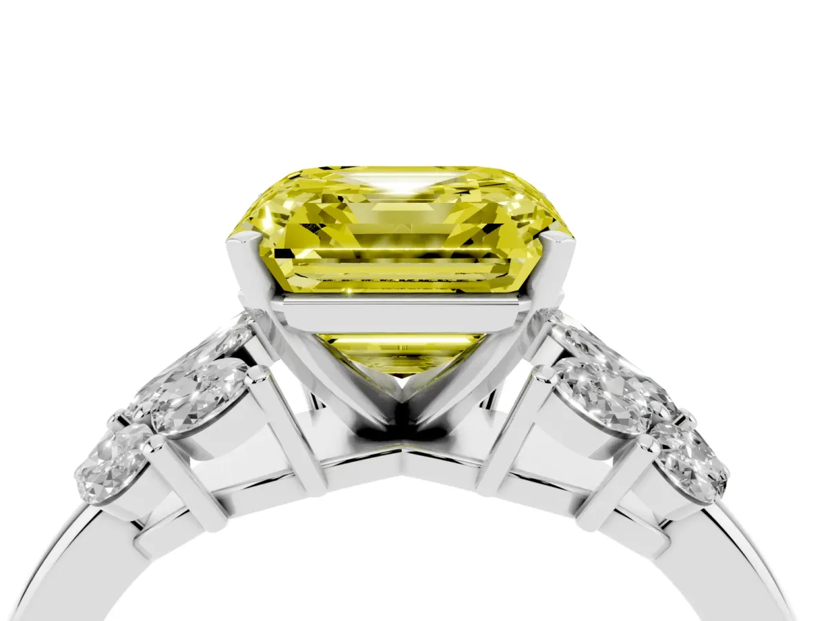 Fancy Yellow Asscher Cut Diamond Cluster Leaf Design Ring with Prong Setting Silver