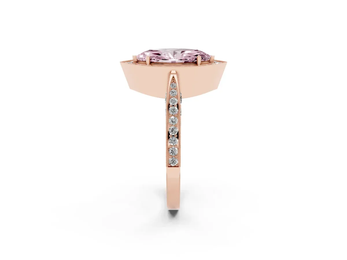 Fancy Pink Marquise Cut Halo Diamond Engagement Ring with Split Shank Band and Four-Prong Setting Rose gold