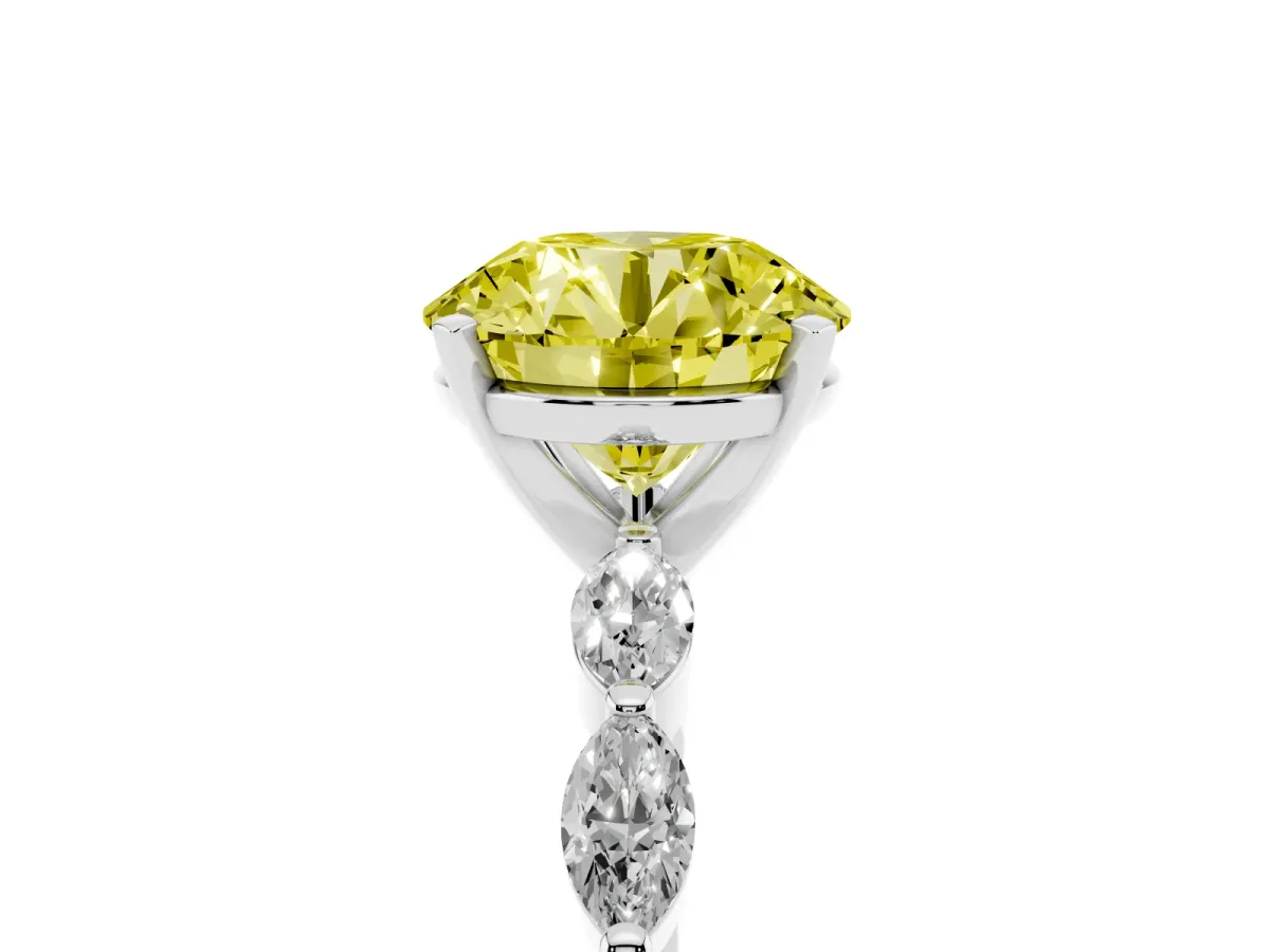 Fancy Yellow Round Cut Diamond Ring with Marquise Side Stones and Prong Setting Silver