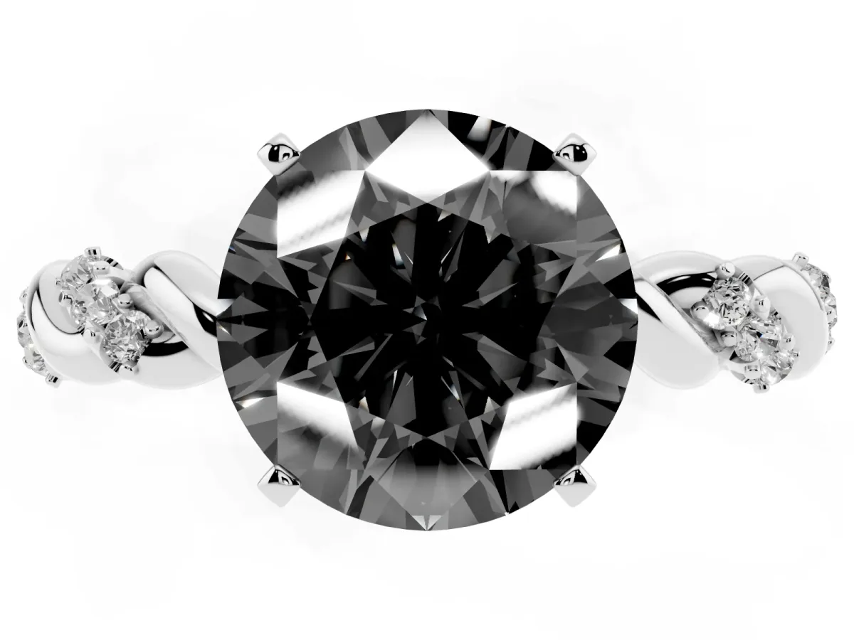 Fancy Black Round Cut Diamond Solitaire Ring with Twisted Band and Pavé Accents Platinum
