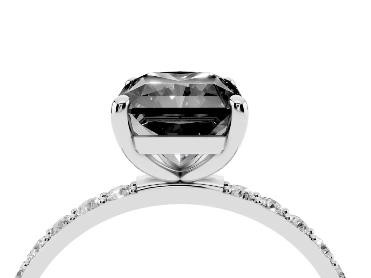 Fancy Black Radiant Cut Diamond Solitaire Ring with Round Pavé Band and Prong Setting Silver