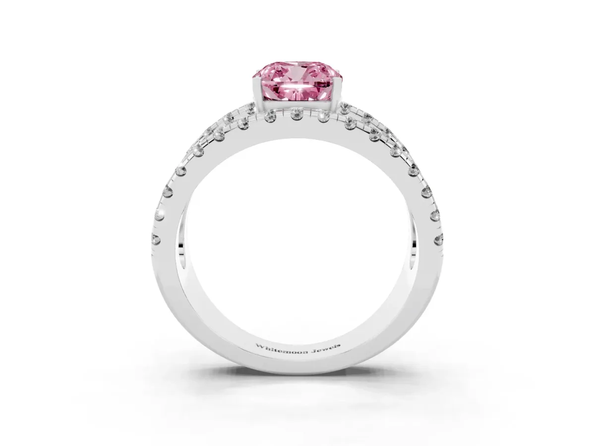 Fancy Pink Cushion Cut Solitaire Split Shank Pave Diamond Ring Silver
