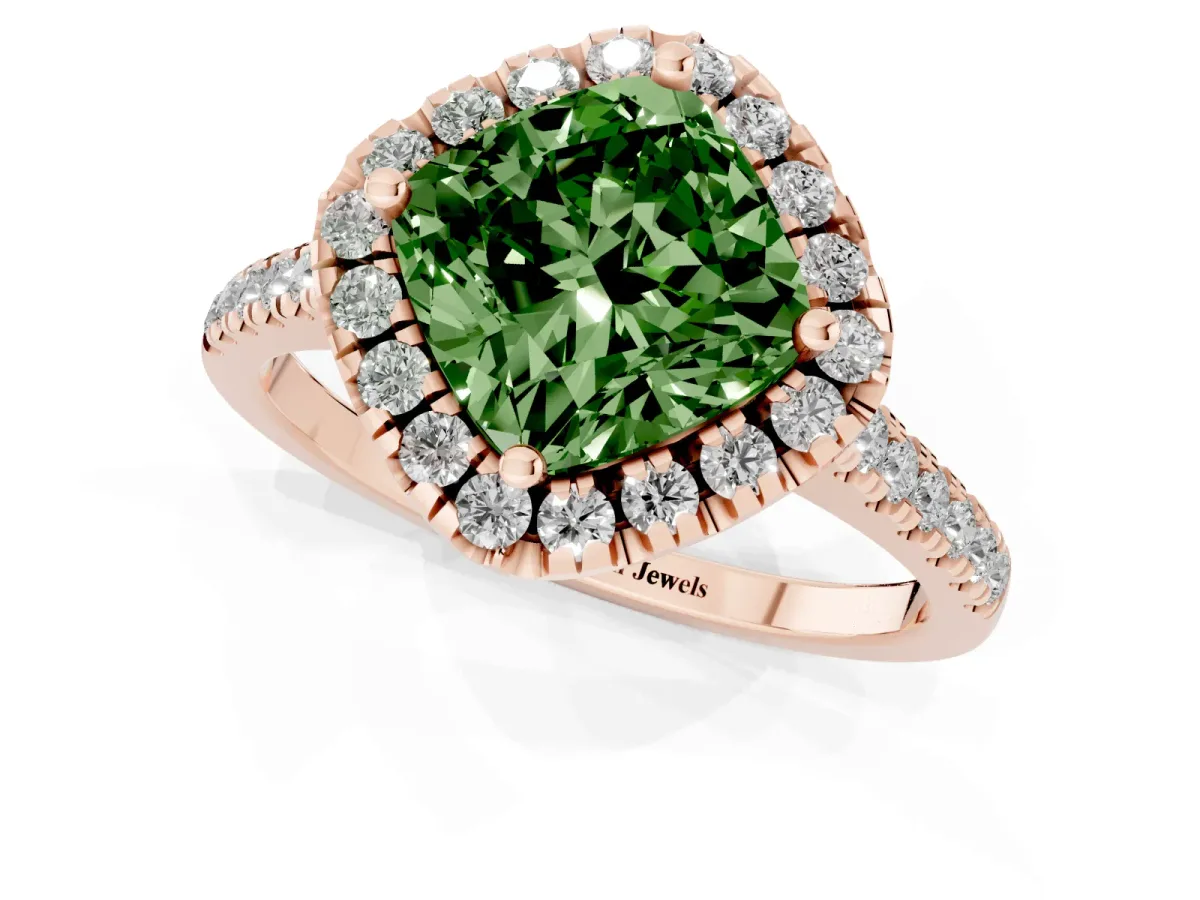 Fancy Green Cushion Cut Diamond Cushion Halo Ring with Pavé Band Rose gold
