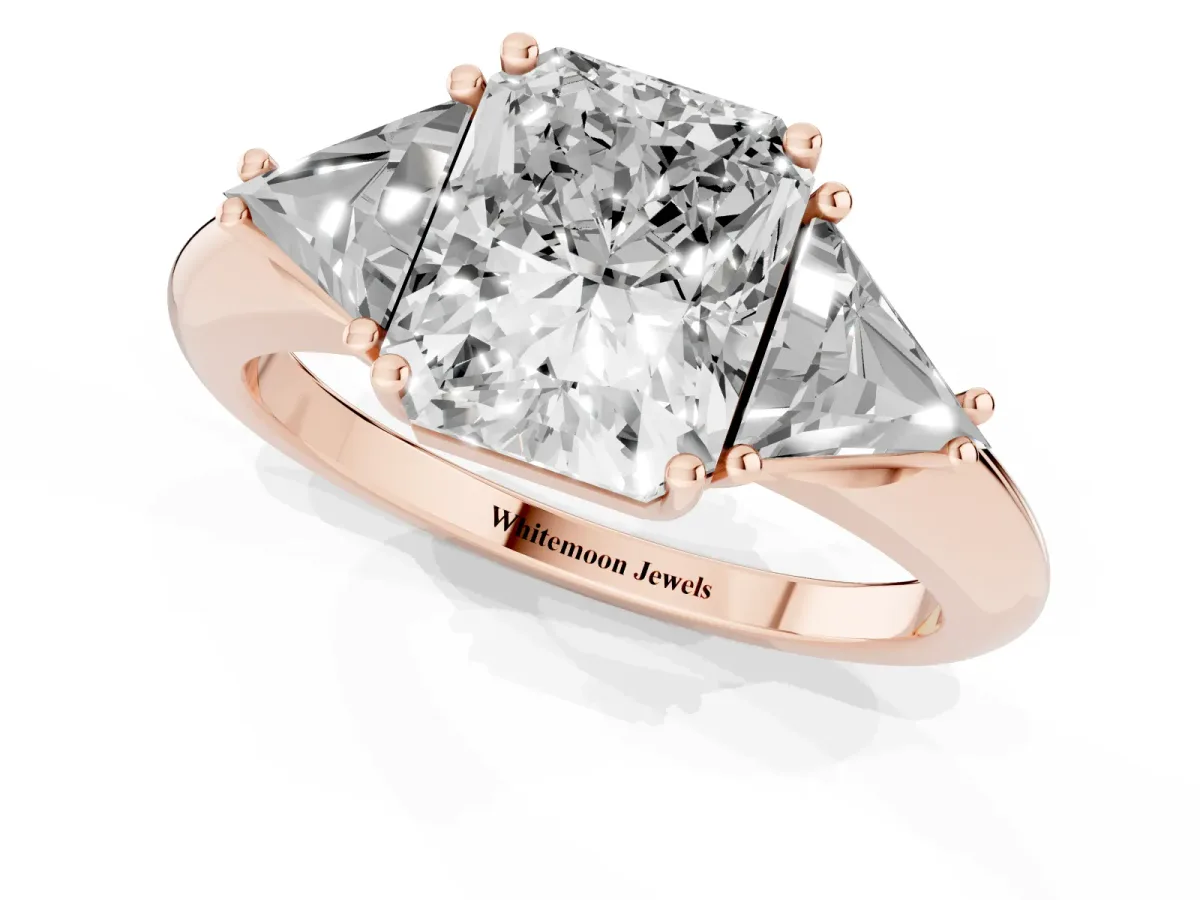 Three-Stone Radiant Cut Diamond Engagement Ring with Trillion Side Stones and Prong Setting Rose gold