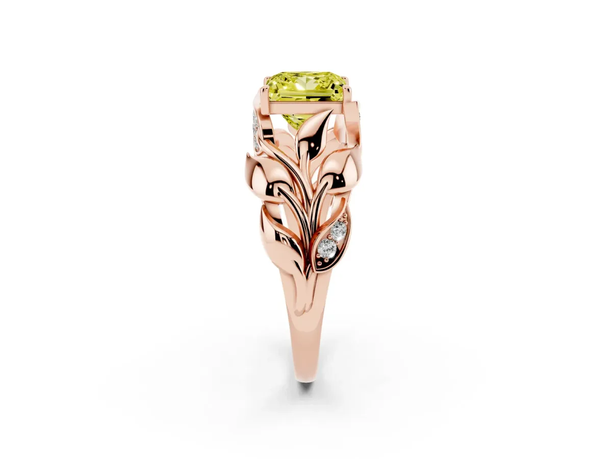 Fancy Yellow Princess Cut Diamond Leaf-Inspired Engagement Ring with Round Accents and Prong Setting Rose gold
