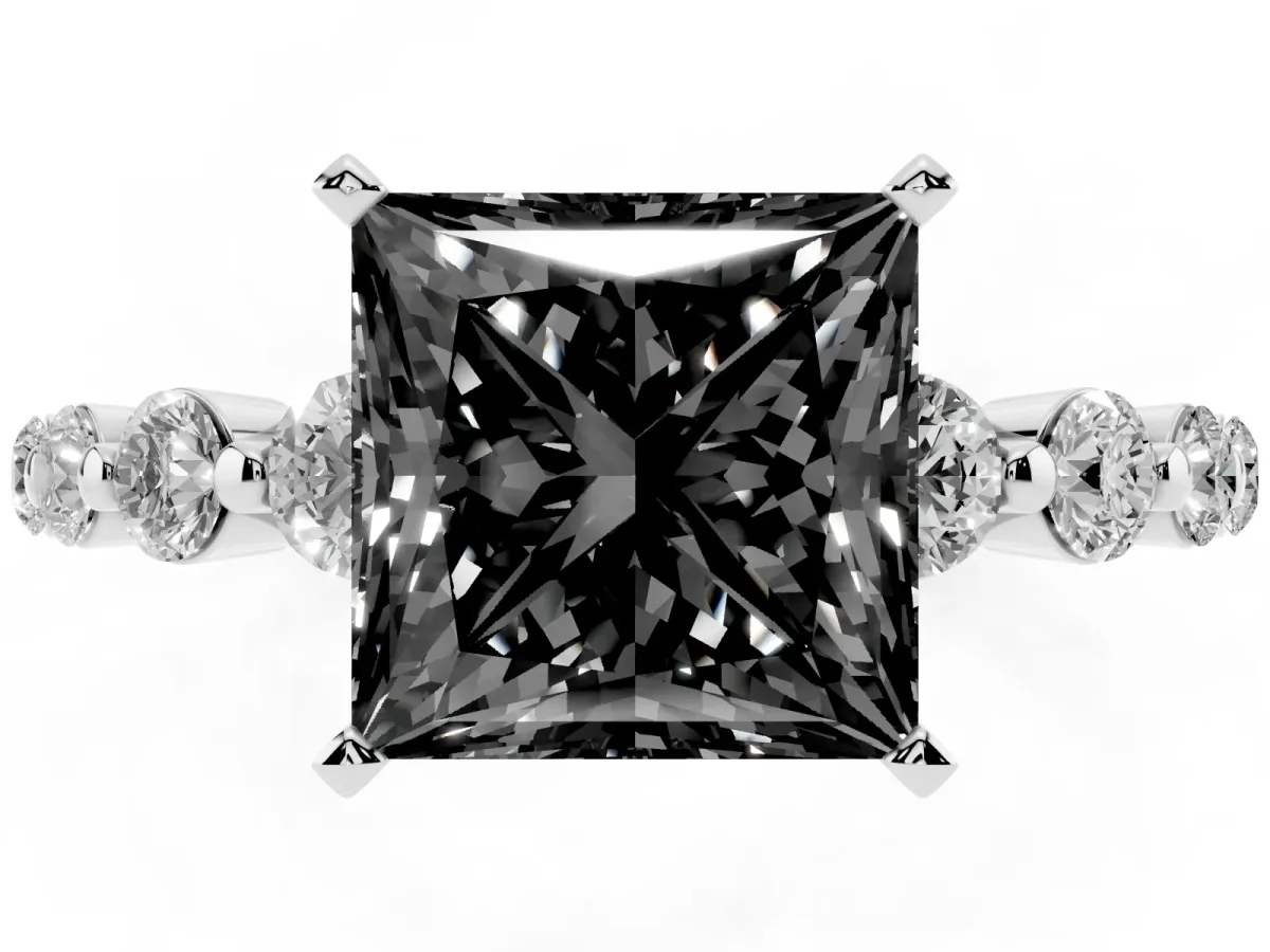 Fancy Black Princess Cut Solitaire Diamond Ring with Pave Band and Four-Prong Setting Silver