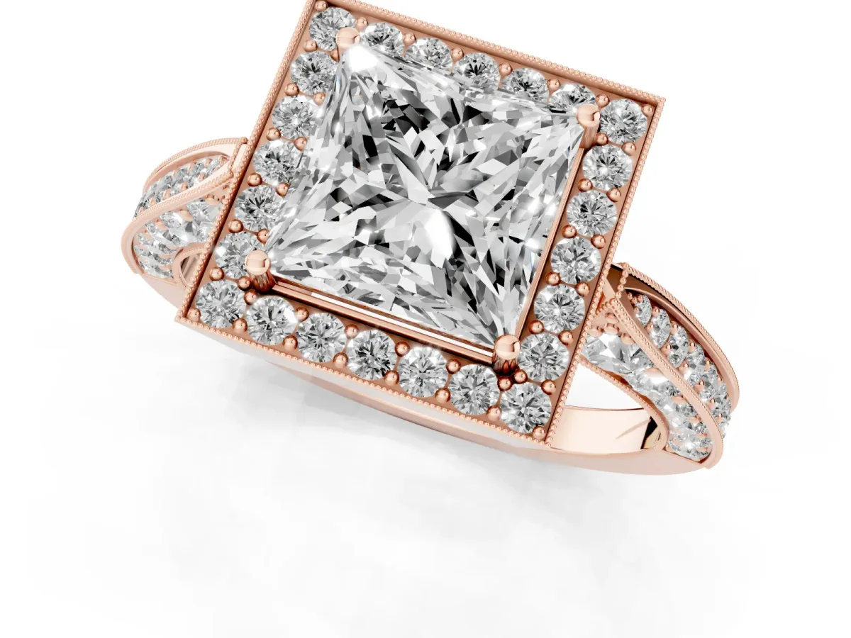Princess Cut Halo Diamond Engagement Ring with Split Shank Band and Four-Prong Setting Rose gold